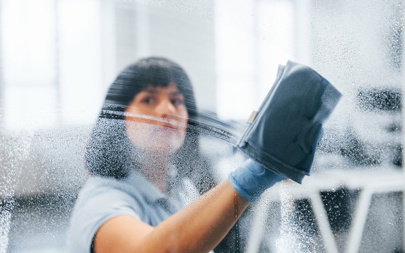 Cleaner in a light blue polo wiping a misted glass pane with a cloth